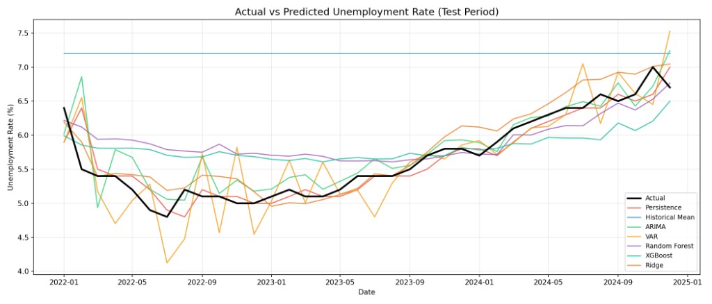 Actual vs Predicted Unemployment Rate (Test Period)